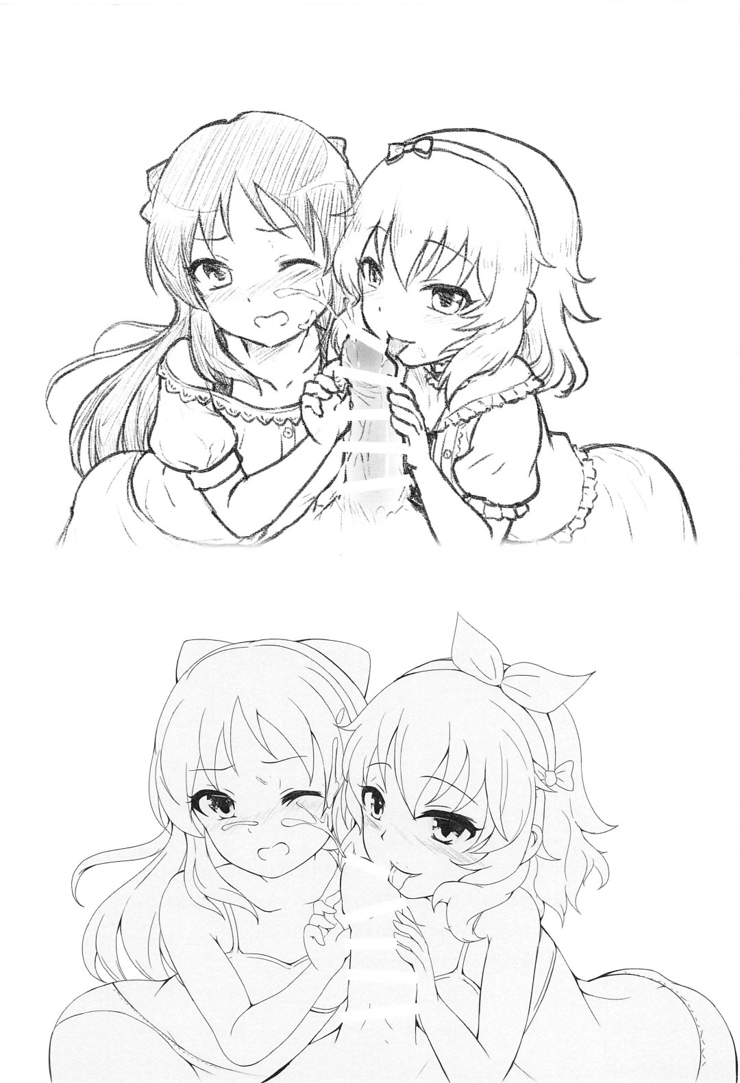 【エロ漫画】プロデューサーにイチャついていた所を見られてしまったアイドルの桃華とありす…バレてしまった二人は彼に強引にエッチを迫り、騎乗位で中出し3Pセックスしてしまう！【鬼島庵】