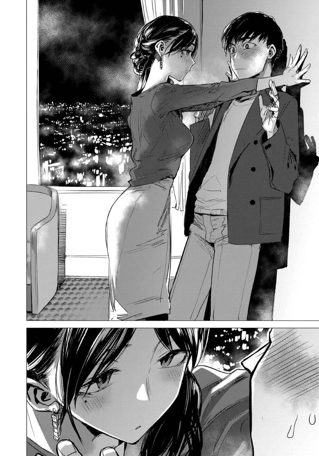 【エロ漫画】ひょんな事から後輩男とエッチなことをする展開になったOLお姉さん…無口でクールな彼女は彼に乳首責めされたり、手マンされて不覚にも声を上げて感じてしまい、更には生挿入セックスまでする！【幾花にいろ:演色】