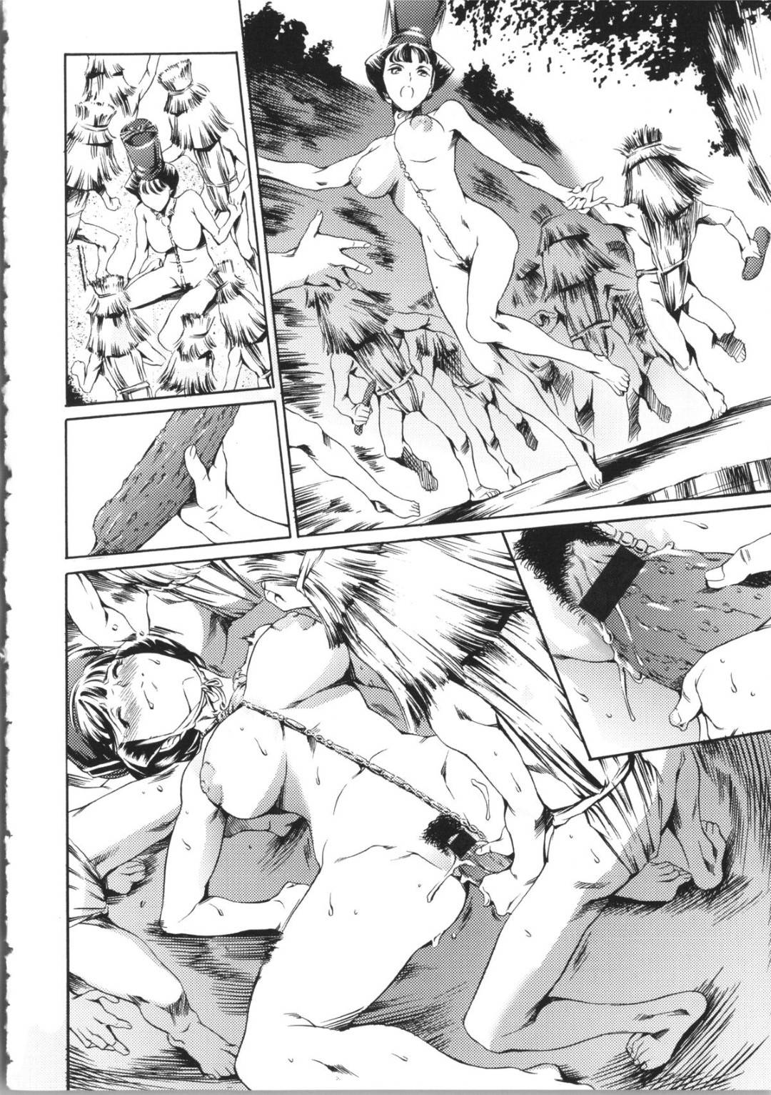 【エロ漫画】村の奇祭の儀式として男たちと乱交しまくる巨乳お姉さん…大勢に囲まれてやられ放題な彼女は次々と巨根を口や膣、アナルに挿入されては精子まみれに犯される！【まぐろ帝國:最後の祭】